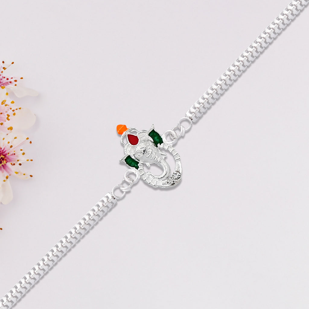 Stylish Ganesha Rakhi With Enamel Highlights And Silver Metal Chain